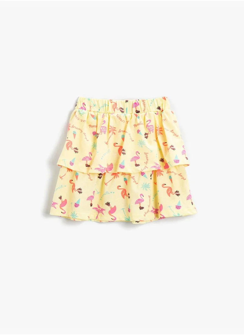 KOTON Summer Themed Flamingo and Ice Cream Printed Ruffle Short Skirt Cotton