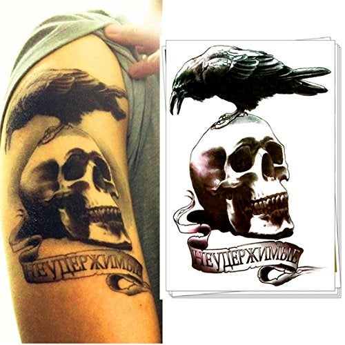 S.A.V.I Temporary Tattoo For Girls Men Women 3D Crow on Skull Sticker Size 19x12CM - 1PC. - Image 2