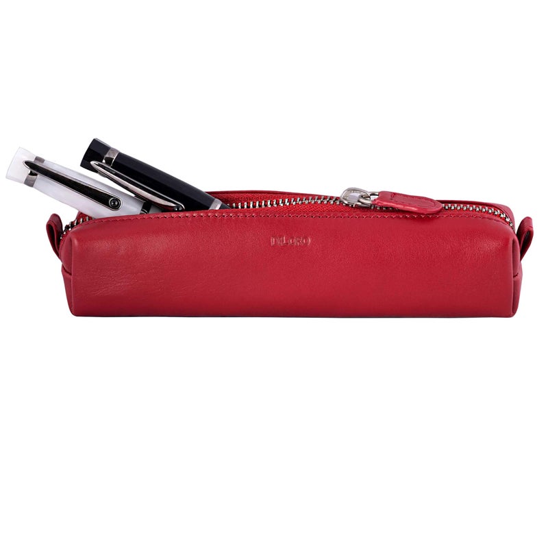 DiLoro Leather Zippered Fountain Ballpoint Rollerball Pens and Pencils Case Holder Pouch Genuine Full Grain Soft Nappa Leather (Red) - Image 3