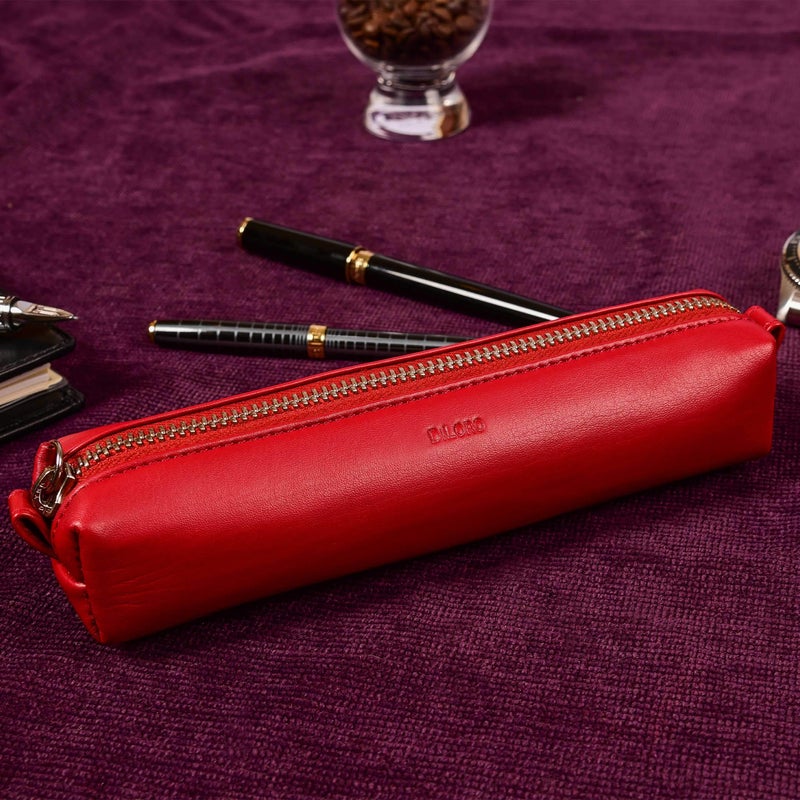 DiLoro Leather Zippered Fountain Ballpoint Rollerball Pens and Pencils Case Holder Pouch Genuine Full Grain Soft Nappa Leather (Red) - Image 5