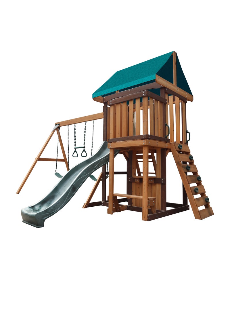 MOUNTPEAK Experience the Logan Swing Set & Playhouse with Balcony, Wooden Roof, Long Lasting, Weather-resistant Materials, 3 Years+, 480 x 330 x 295 cm - Brown - Image 1