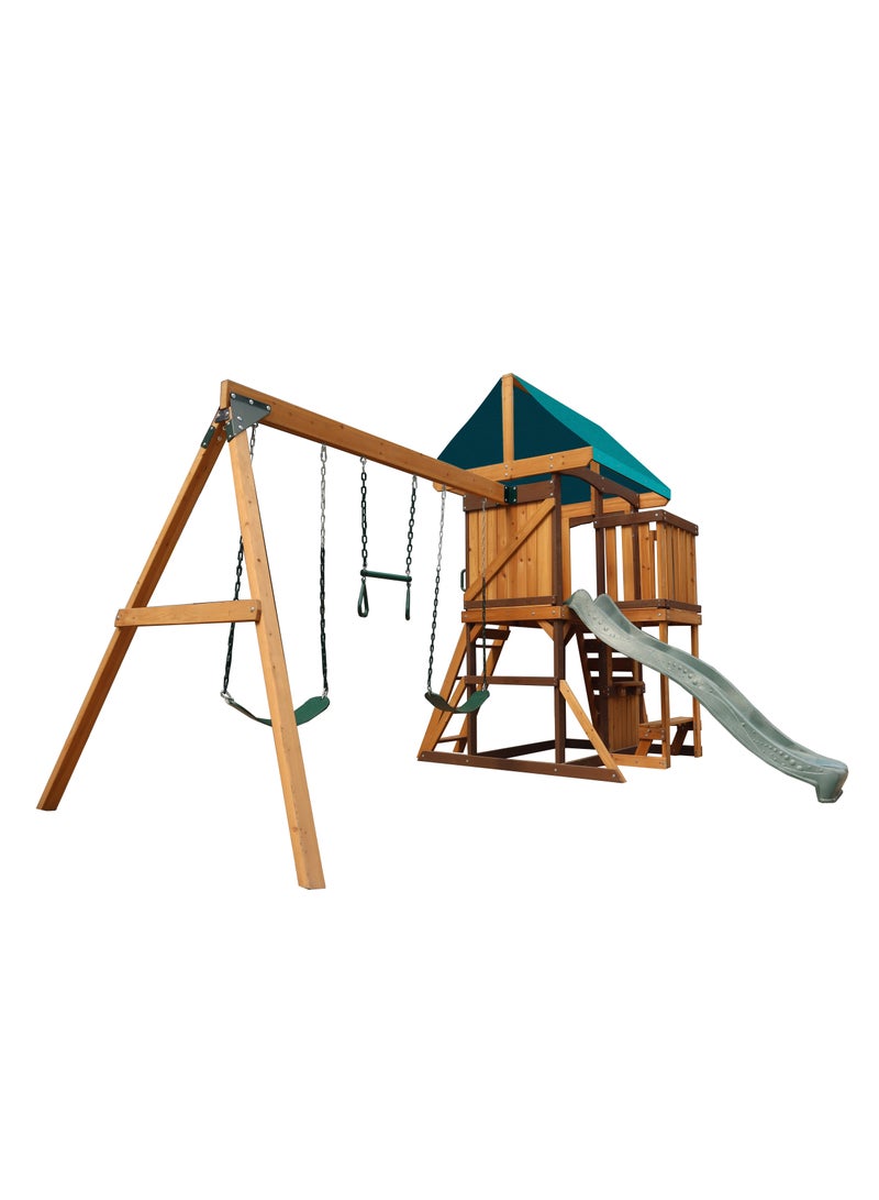 MOUNTPEAK Experience the Logan Swing Set & Playhouse with Balcony, Wooden Roof, Long Lasting, Weather-resistant Materials, 3 Years+, 480 x 330 x 295 cm - Brown - Image 2