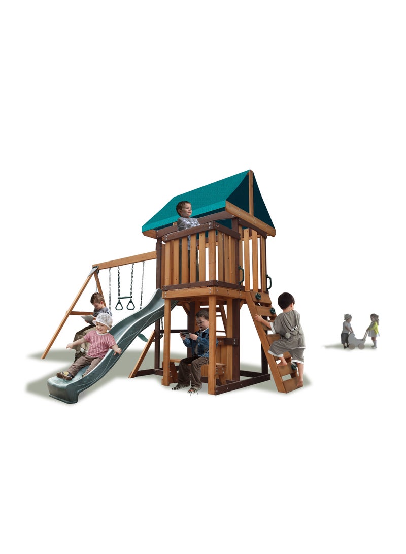 MOUNTPEAK Experience the Logan Swing Set & Playhouse with Balcony, Wooden Roof, Long Lasting, Weather-resistant Materials, 3 Years+, 480 x 330 x 295 cm - Brown - Image 3