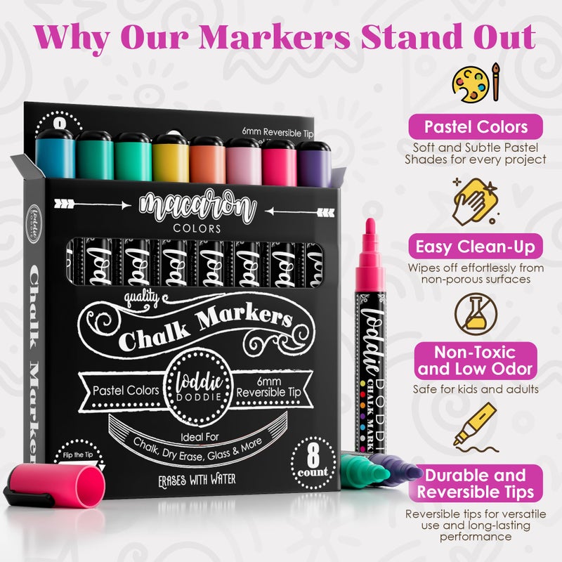 Loddie Doddie Liquid Chalk Markers for Chalkboard - 6mm Reversible Chisel and Bullet Tips, Chalkboard Markers Erasable, Macaron Pastel Chalk Pens 8 Count - Image 2