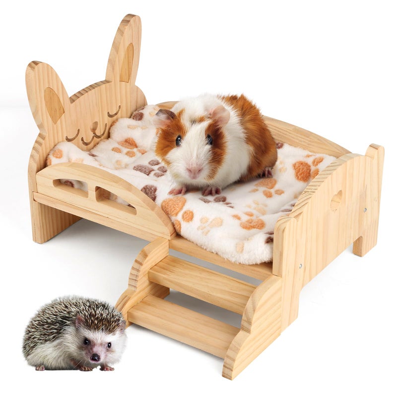 HOSUKKO Wooden Guinea Pig Bed with Mat 13.5IN X 9.3IN Detachable Hideout with Stairs Small Animal Cute Warm Habitats for Hamsters Ferret Bunny Sleeping Hiding - Image 1