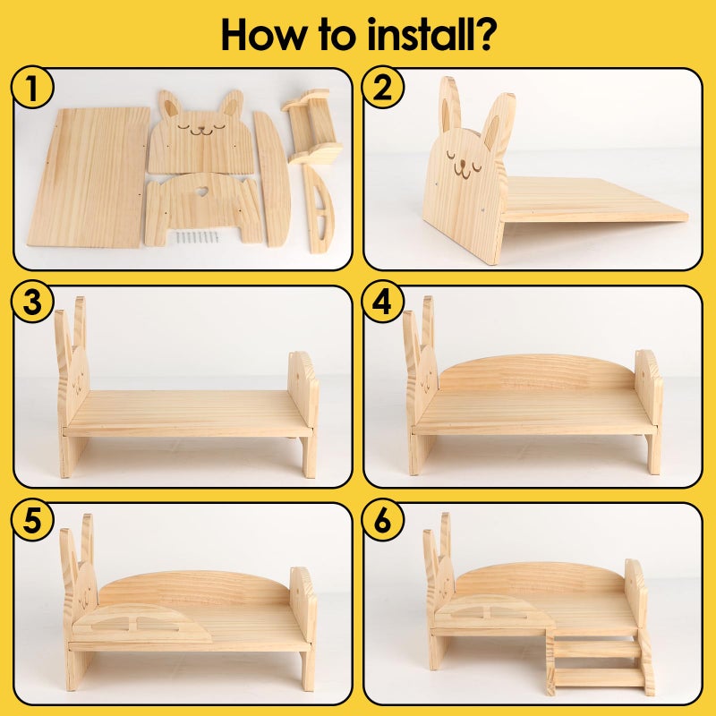 HOSUKKO Wooden Guinea Pig Bed with Mat 13.5IN X 9.3IN Detachable Hideout with Stairs Small Animal Cute Warm Habitats for Hamsters Ferret Bunny Sleeping Hiding - Image 4