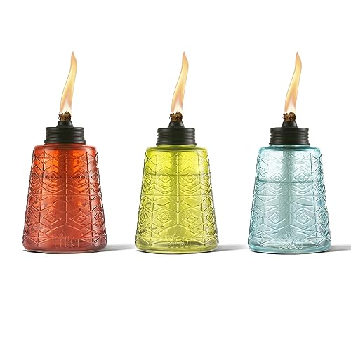 TIKI Molded Glass Decorative Tabletop Torches (Set of 3) – Red, Green & Blue Outdoor Lighting for Lawn, Patio & Garden | Weather-Resistant | Includes Long-Lasting Wick & Snuffer - Image 1