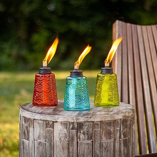 TIKI Molded Glass Decorative Tabletop Torches (Set of 3) – Red, Green & Blue Outdoor Lighting for Lawn, Patio & Garden | Weather-Resistant | Includes Long-Lasting Wick & Snuffer - Image 2