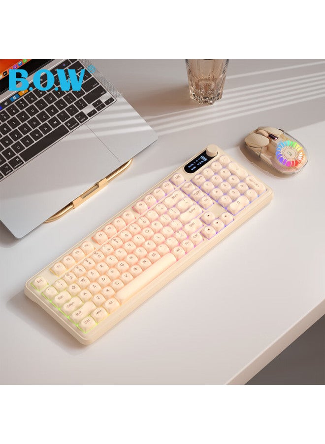 B.o.w Hangshi K960 Foundation Liquid Wired Wireless Bluetooth Tri-mode Mechanical Feel Keyboard Office Gaming Female Laptop Desktop Universal Rechargeable Keyboard Apricot Color