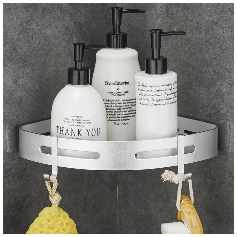 GRICOL Corner Shelf Shower Basket Shower Shelf No Drilling Shower Shelf Metal with 2 Hooks Shower Shelf Bathroom Shelf with Sticker Bathroom Shelf for Bathroom and Kitchen Silver