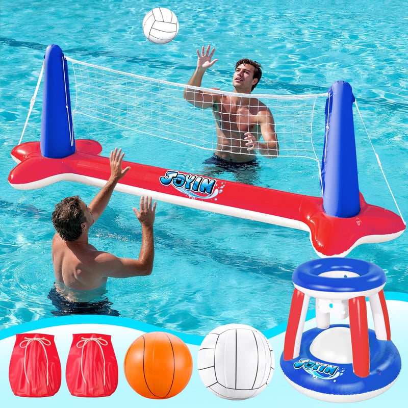 JOYIN Inflatable Pool Float Set Volleyball Net  Basketball Hoops Balls Included for Kids and Adults Swimming Game Toy Summer Floaties Volleyball Court BasketballLRed - Image 2