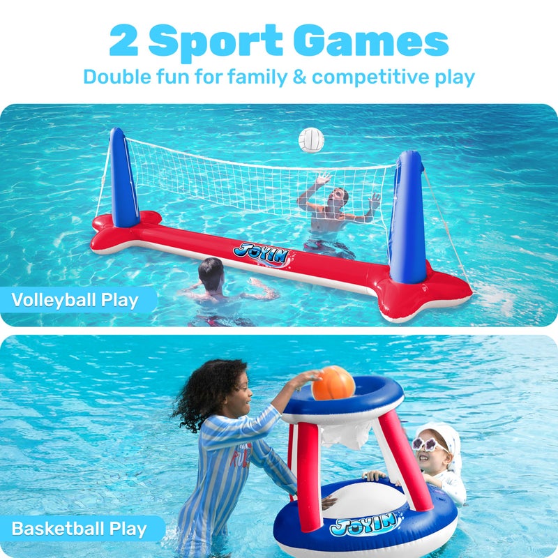 JOYIN Inflatable Pool Float Set Volleyball Net  Basketball Hoops Balls Included for Kids and Adults Swimming Game Toy Summer Floaties Volleyball Court BasketballLRed - Image 3