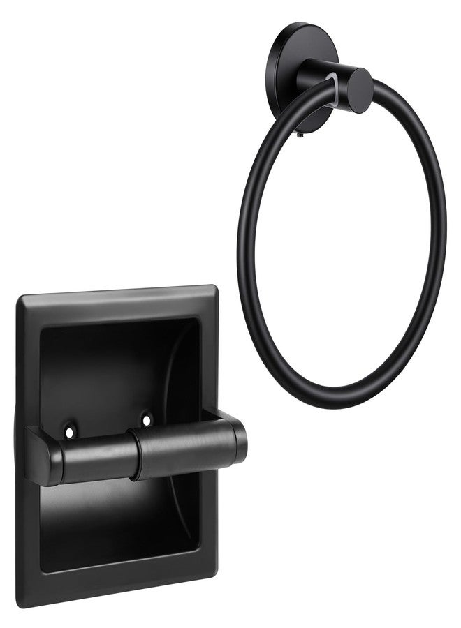 LemonRoad 2 Pcs Matte Black Recessed Toilet Paper Holder and Towel Ring Pack, Stainless Steel Bathroom Hardware, Wall Mount Pivoting Toilet Paper Dispenser & Heavy Duty Towel Roll Holder for Bathroom - Image 1