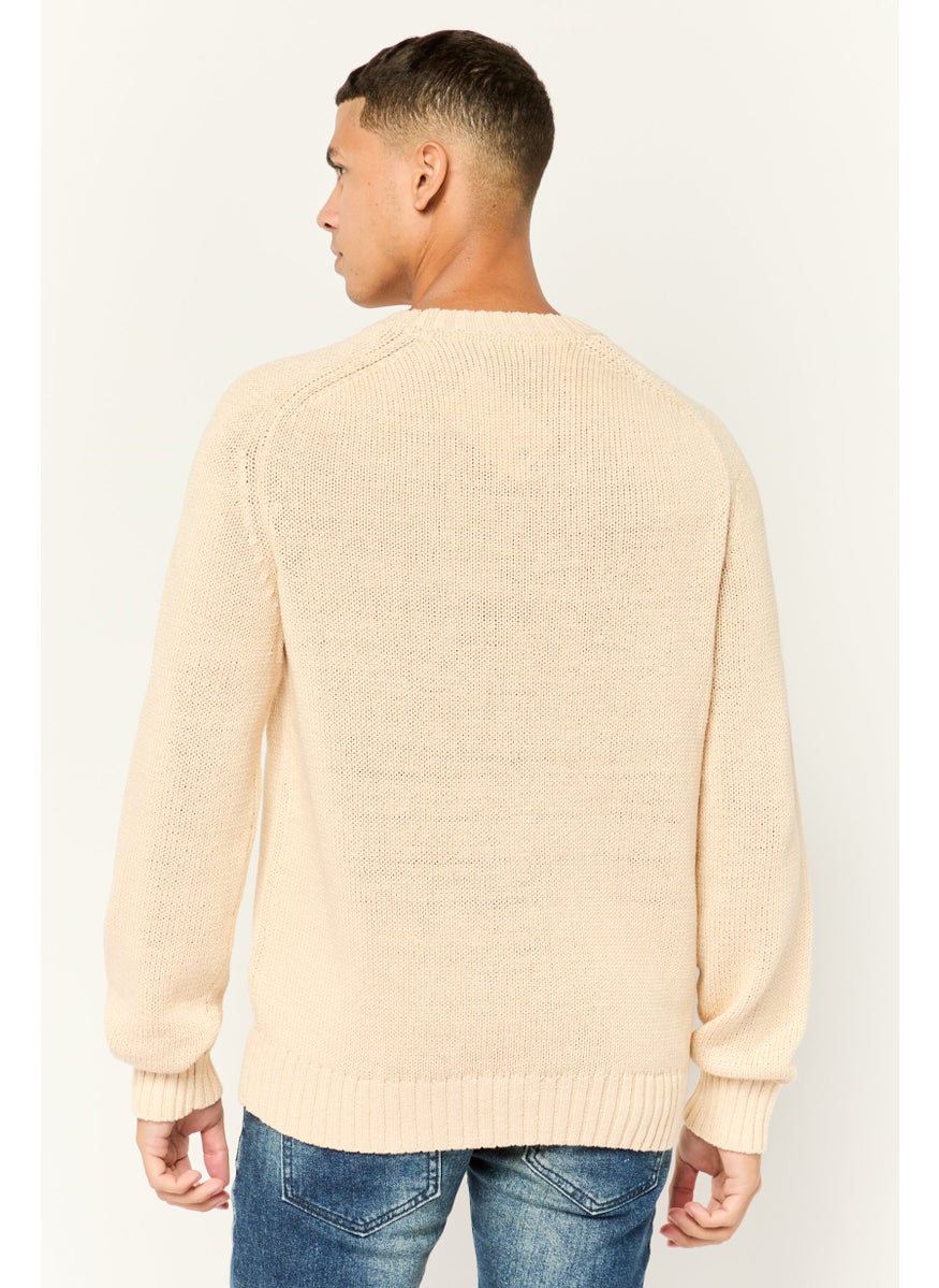 ESPRIT - Men Ribbed Collar Long Sleeves Knitted Sweaters, Beige - Image 1