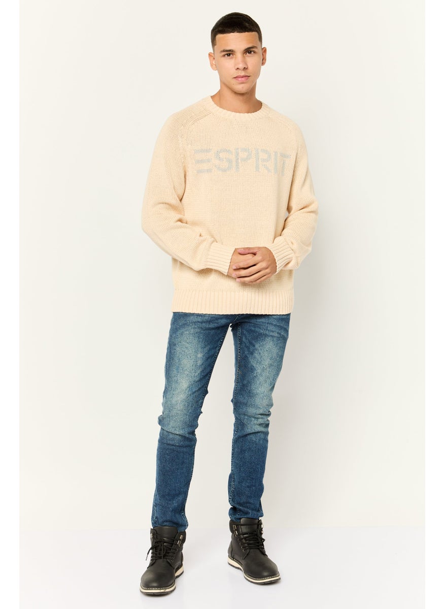 ESPRIT - Men Ribbed Collar Long Sleeves Knitted Sweaters, Beige - Image 1