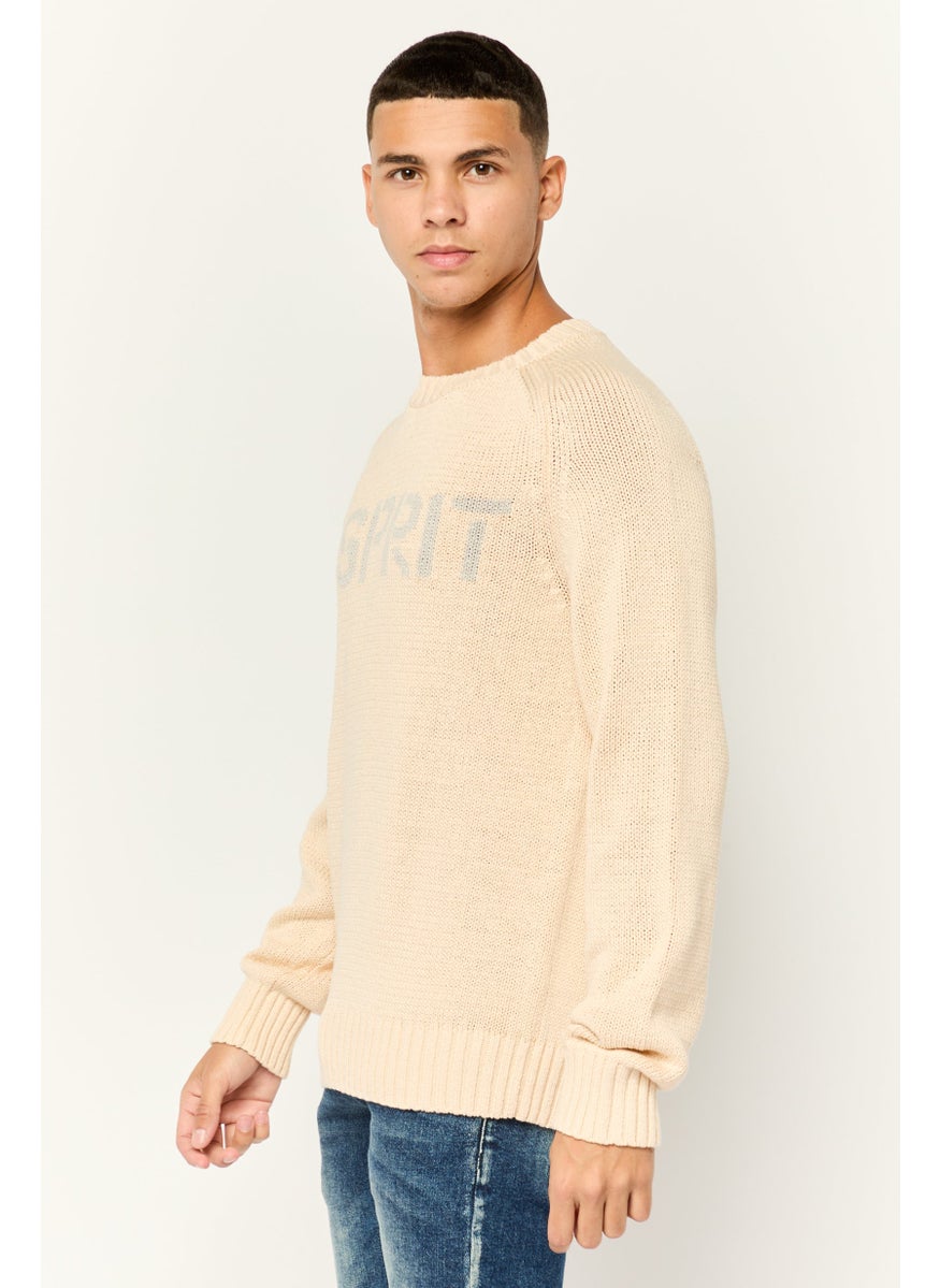 ESPRIT - Men Ribbed Collar Long Sleeves Knitted Sweaters, Beige - Image 1