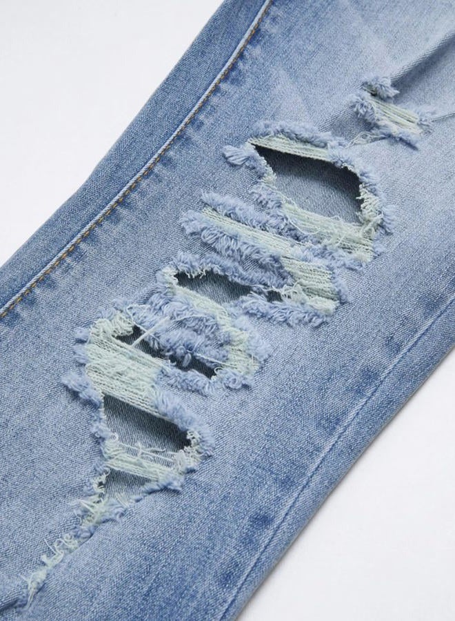 Flamingals Women's Bootcut Jeans Ripped Mid Rise Stretchy Tummy Control Cut Out Raw Hem Denim Jeans, Mid Blue, XXL - Image 5