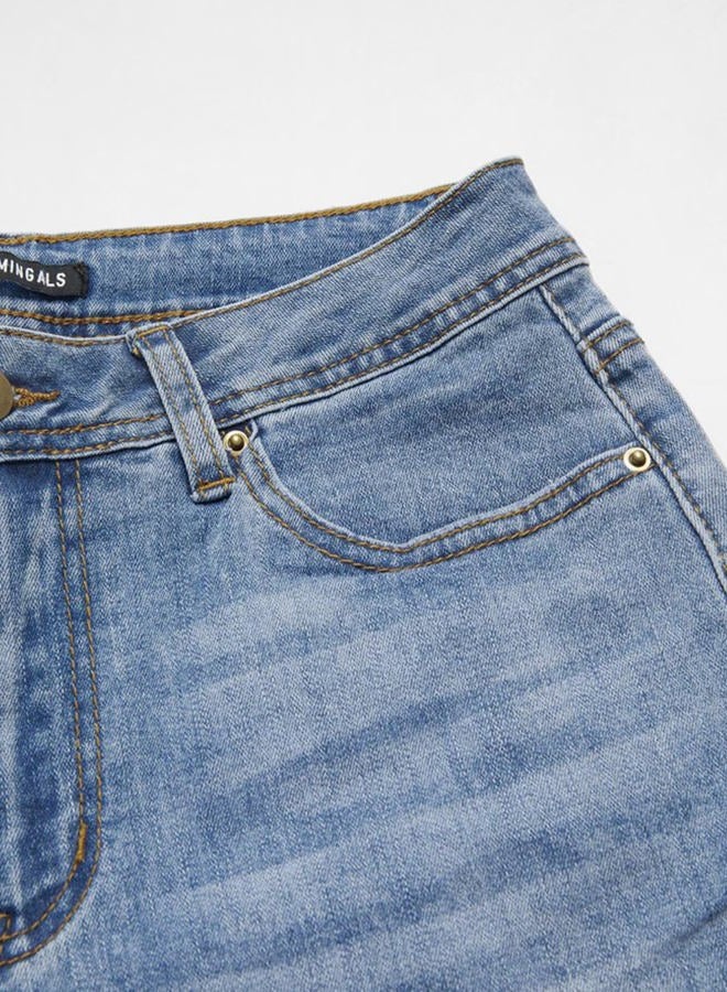 Flamingals Women's Bootcut Jeans Ripped Mid Rise Stretchy Tummy Control Cut Out Raw Hem Denim Jeans, Mid Blue, XXL - Image 4