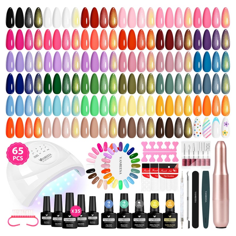 VANREESA Gel Nail Polish Kit with U V Light and Nail Drill Kit 65 Pcs Gel Polish Nail Set 35 All Season Colors Nail Polish Set Base Coat & 4 Effects Top Coat Complete Nail Kit Gifts for Women - Image 1