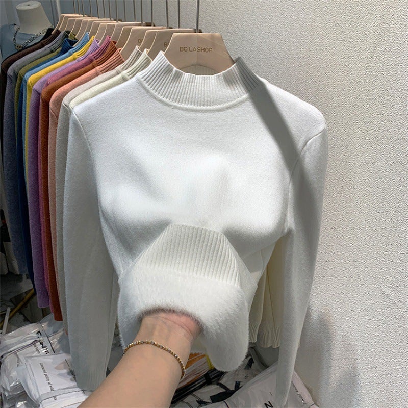Womens half turtleneck long-sleeved sweater 2024 autumn and winter New undershirt fleece-lined thick warm western style topWarm natural heating-White Warm natural heating-White