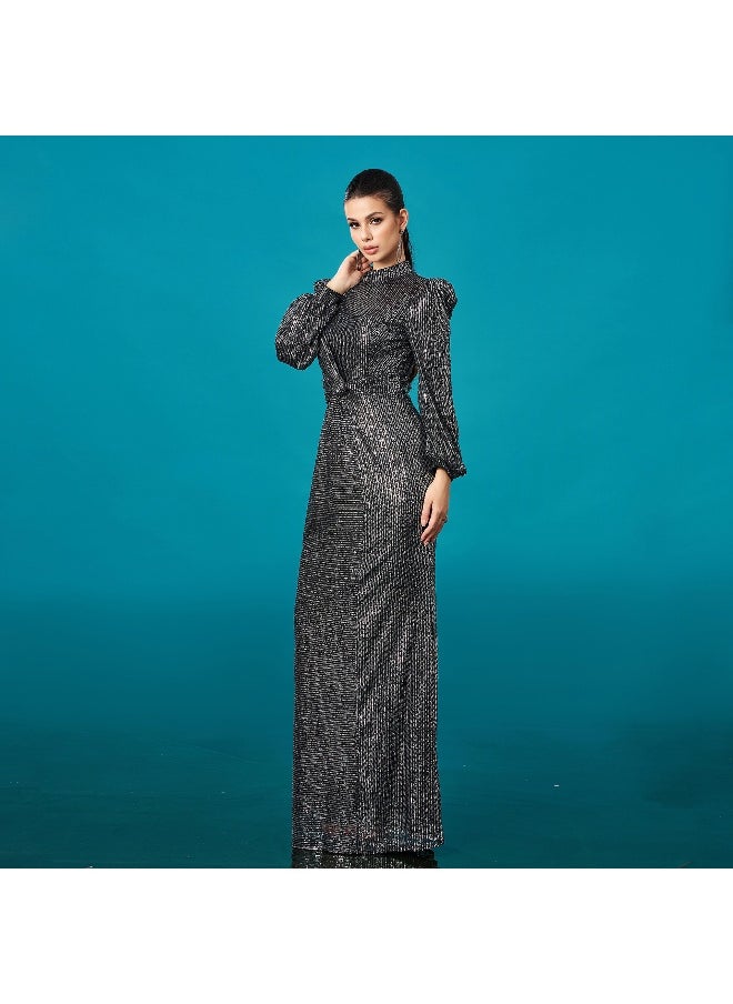 Madam Uniq New Luxurious Long Sleeve Round Neck Sequin Mermaid Evening Gown Dress  - Image 4
