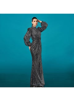 Madam Uniq New Luxurious Long Sleeve Round Neck Sequin Mermaid Evening Gown Dress  - Image 3