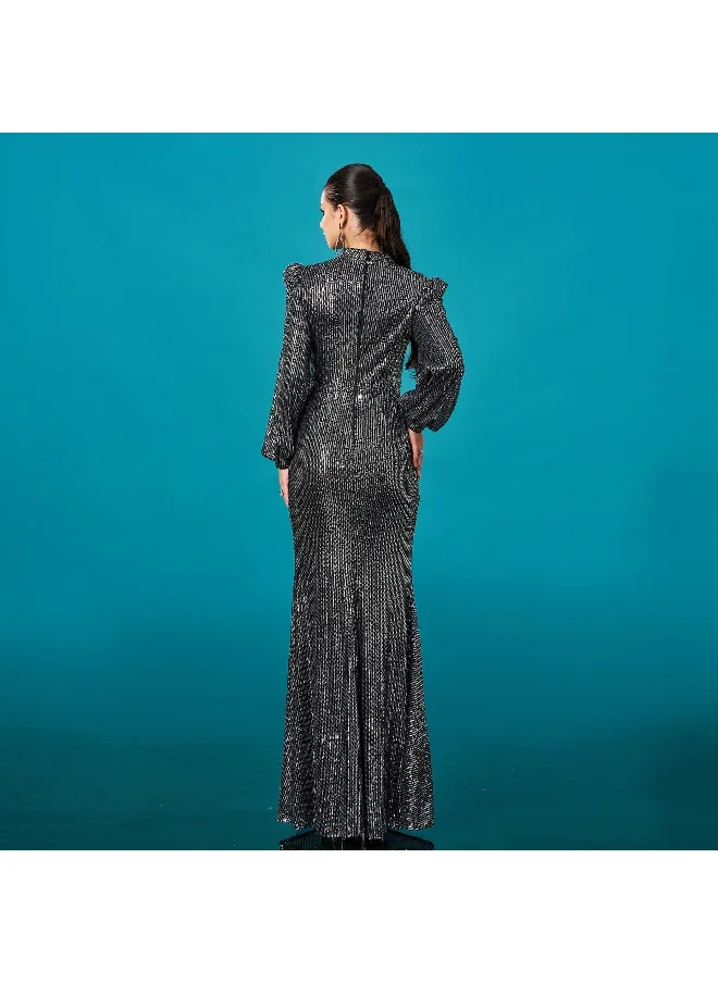 Madam Uniq New Luxurious Long Sleeve Round Neck Sequin Mermaid Evening Gown Dress
