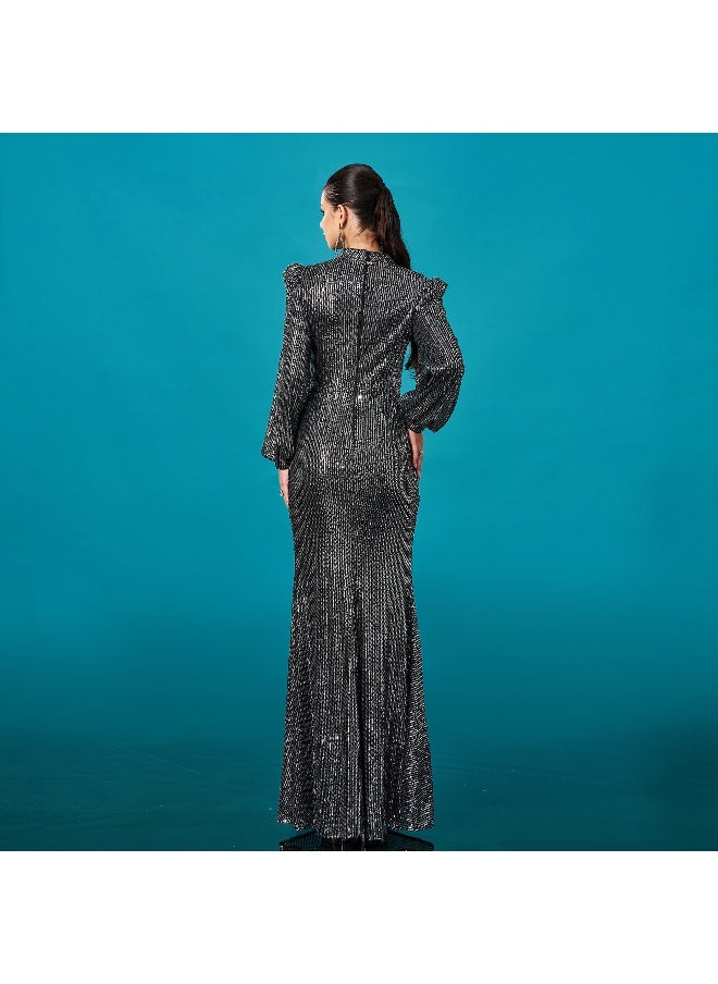 Madam Uniq New Luxurious Long Sleeve Round Neck Sequin Mermaid Evening Gown Dress  - Image 2