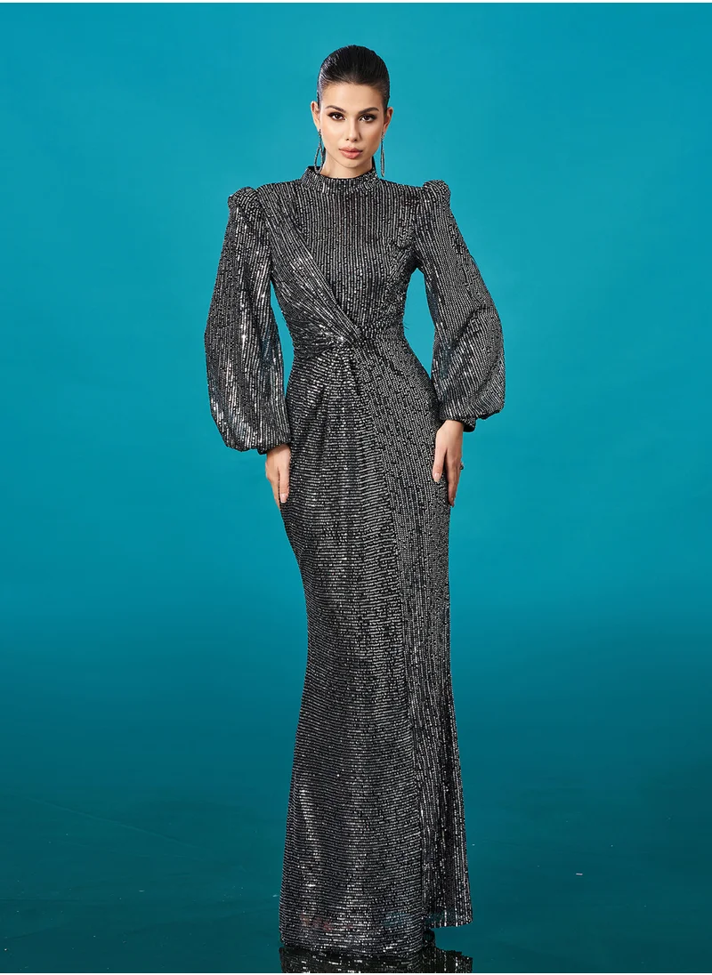 Madam Uniq New Luxurious Long Sleeve Round Neck Sequin Mermaid Evening Gown Dress