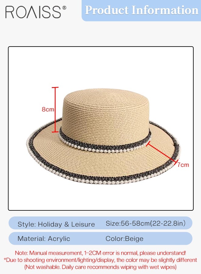 roaiss Classic Flat Top Straw Hat for Women Summer Beach Hat Vacation Sunshade Sunscreen Woven Hat Pearl Decoration Sun Hat Fashion Accessories - Image 3
