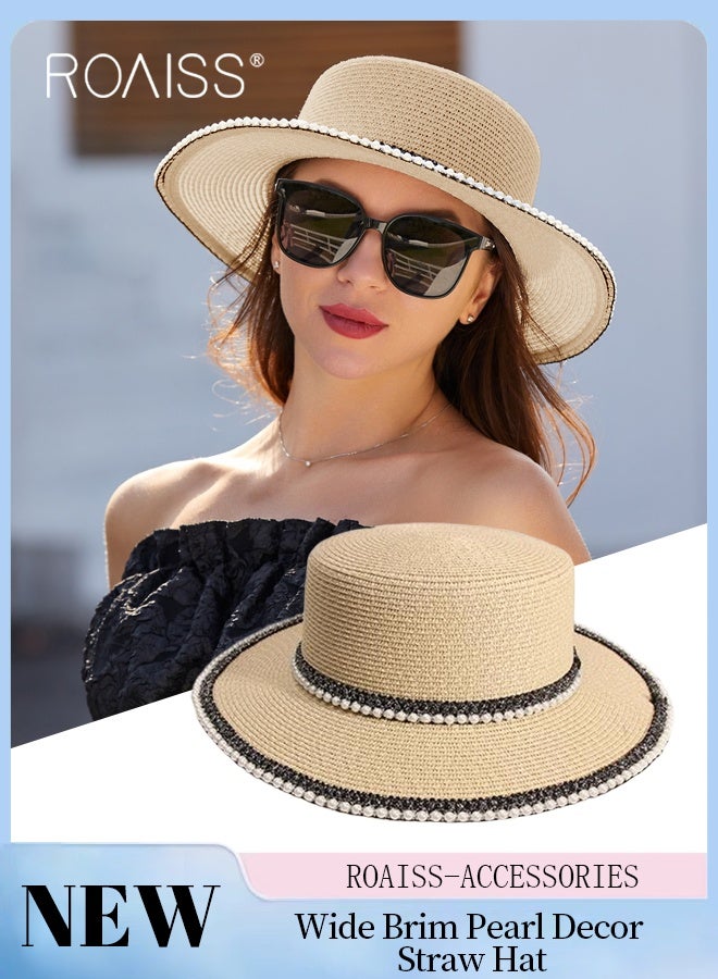 roaiss Classic Flat Top Straw Hat for Women Summer Beach Hat Vacation Sunshade Sunscreen Woven Hat Pearl Decoration Sun Hat Fashion Accessories - Image 1