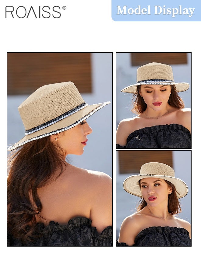 roaiss Classic Flat Top Straw Hat for Women Summer Beach Hat Vacation Sunshade Sunscreen Woven Hat Pearl Decoration Sun Hat Fashion Accessories - Image 5