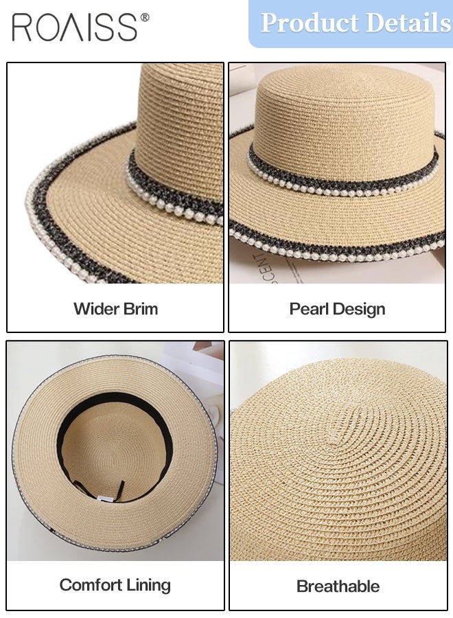 roaiss Classic Flat Top Straw Hat for Women Summer Beach Hat Vacation Sunshade Sunscreen Woven Hat Pearl Decoration Sun Hat Fashion Accessories - Image 4