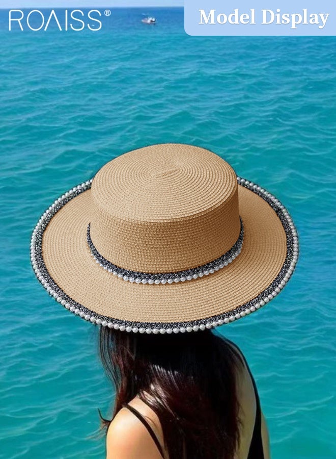 roaiss Classic Flat Top Straw Hat for Women Summer Beach Hat Vacation Sunshade Sunscreen Woven Hat Pearl Decoration Sun Hat Fashion Accessories - Image 2