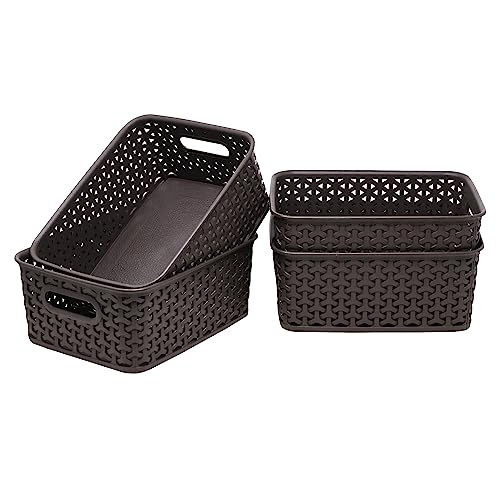 Bel Casa Royal Basket Small (Pack of 4) Multipurpose Plastic Storage Rectangular Baskets For Cosmetics Stationary Wardrobe Kitchen Washrooom & Livingroom I DARK BROWN - Image 1