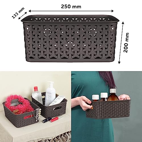 Bel Casa Royal Basket Small (Pack of 4) Multipurpose Plastic Storage Rectangular Baskets For Cosmetics Stationary Wardrobe Kitchen Washrooom & Livingroom I DARK BROWN - Image 4