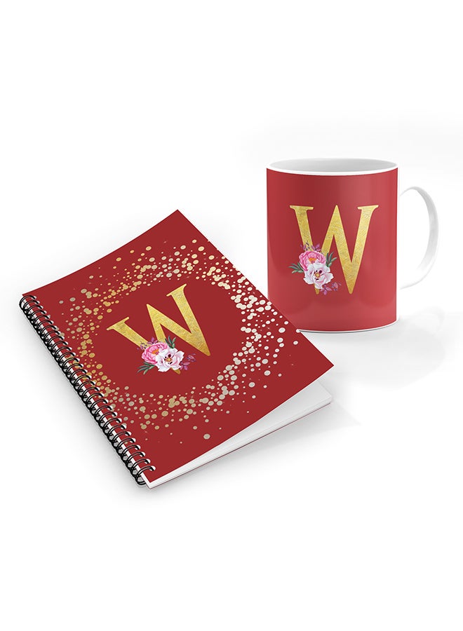 Stylizedd Printed Coffee Mug + A5 Spiral Notebook Memo Personalised Combo Gift Set Custom Monogram Initial Letter Floral Pattern Alphabet -  W (Red Brown)