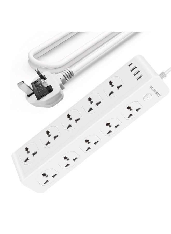 ELONSEY Universal Extension Cord with 10 Plugs, 3 USB Ports and 1 USB C, Surge Protection Power Strip with 1 USB C, Extension Lead with 10 Sockets 2 meters  - Image 1