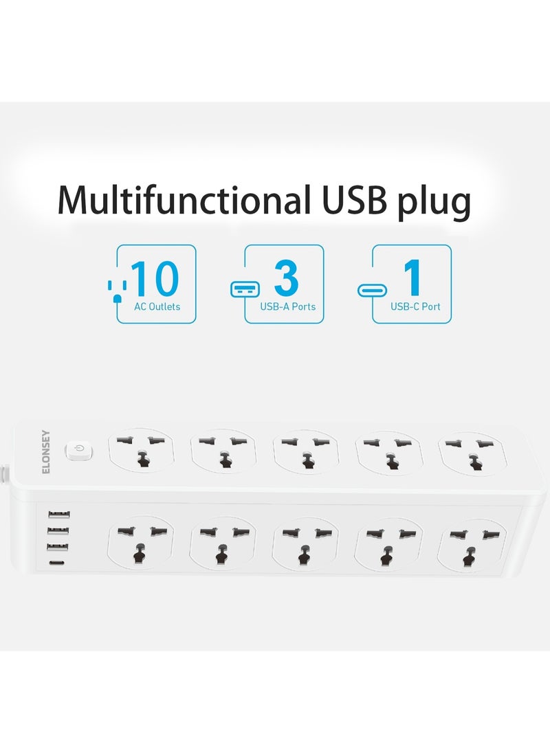 ELONSEY Universal Extension Cord with 10 Plugs, 3 USB Ports and 1 USB C, Surge Protection Power Strip with 1 USB C, Extension Lead with 10 Sockets 2 meters  - Image 5