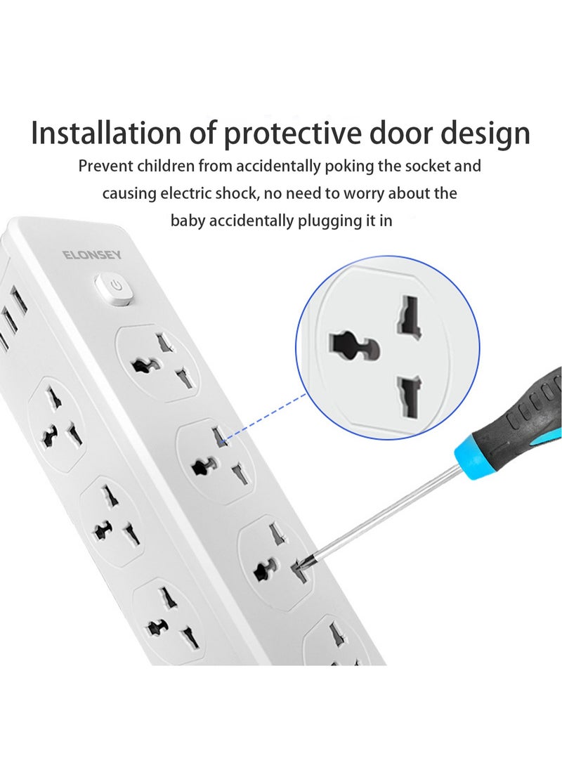 ELONSEY Universal Extension Cord with 10 Plugs, 3 USB Ports and 1 USB C, Surge Protection Power Strip with 1 USB C, Extension Lead with 10 Sockets 2 meters  - Image 2