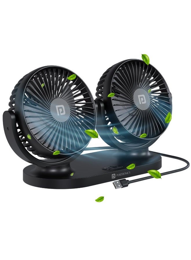 بورترونيكس Portronics Twin Cool Dual Head Portable USB Powered Fan With 360° Rotatable Head, 3 Speed Control, Ultra Silent Operation, Brushless Motor, Suitable For 12/24V Car,SUV,Bus,Desk,Home Fan(Black) - Image 1