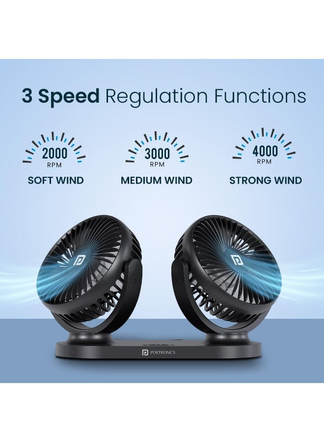 بورترونيكس Portronics Twin Cool Dual Head Portable USB Powered Fan With 360° Rotatable Head, 3 Speed Control, Ultra Silent Operation, Brushless Motor, Suitable For 12/24V Car,SUV,Bus,Desk,Home Fan(Black) - Image 4