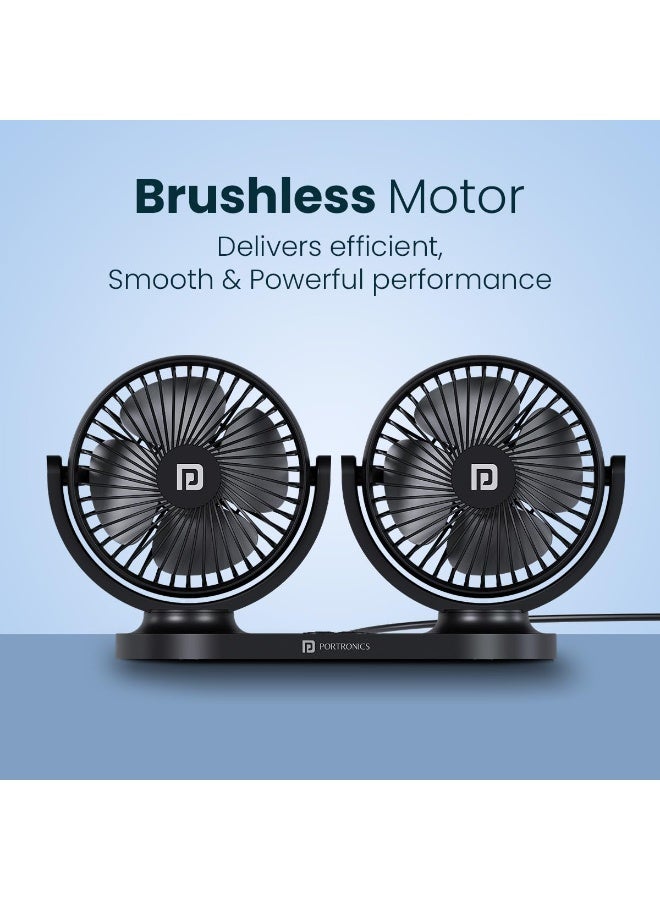 بورترونيكس Portronics Twin Cool Dual Head Portable USB Powered Fan With 360° Rotatable Head, 3 Speed Control, Ultra Silent Operation, Brushless Motor, Suitable For 12/24V Car,SUV,Bus,Desk,Home Fan(Black) - Image 5