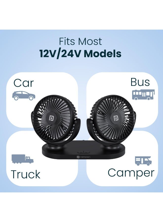 بورترونيكس Portronics Twin Cool Dual Head Portable USB Powered Fan With 360° Rotatable Head, 3 Speed Control, Ultra Silent Operation, Brushless Motor, Suitable For 12/24V Car,SUV,Bus,Desk,Home Fan(Black) - Image 3