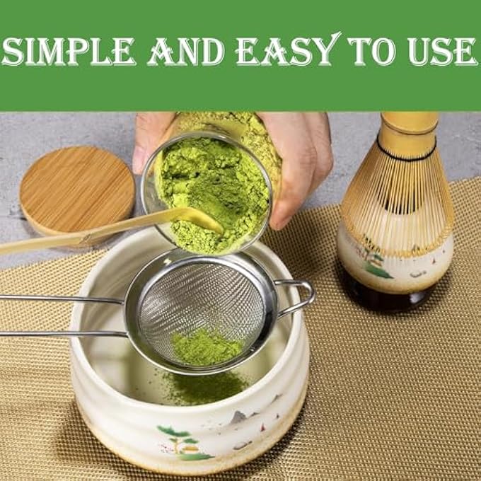 HIKKY Matcha Set 7Pcs Japanese Matcha Whisk Kit With Matcha Bowl Matcha Bamboo Whisk Scoop Whisk Holder Stainless Steel Tea Sifter Tea Making Tools Kit - Image 5