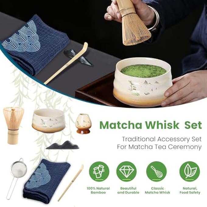 HIKKY Matcha Set 7Pcs Japanese Matcha Whisk Kit With Matcha Bowl Matcha Bamboo Whisk Scoop Whisk Holder Stainless Steel Tea Sifter Tea Making Tools Kit - Image 3
