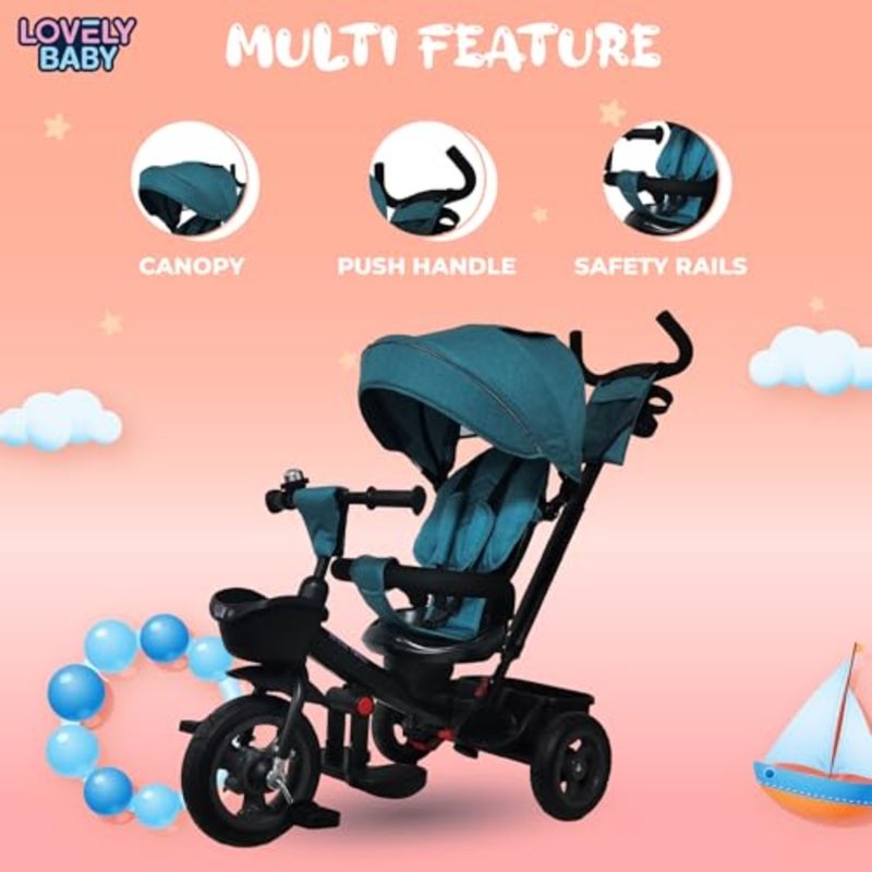 Pedal Tricycle for:Blue PP Plastic Ride-on Trike with 360 Rotating Reclining Seat, Adjustable Handle, Front/Rear Storage, UV Canopy Ideal for Infants 6-36M 100 Assembled - Image 3