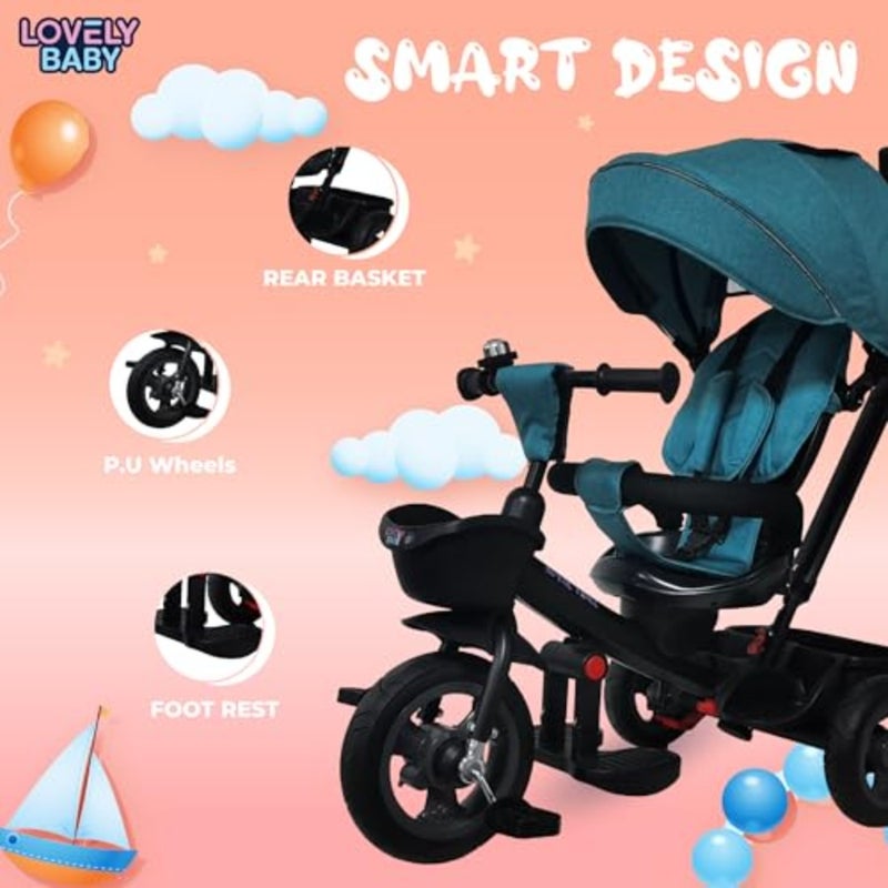 Pedal Tricycle for:Blue PP Plastic Ride-on Trike with 360 Rotating Reclining Seat, Adjustable Handle, Front/Rear Storage, UV Canopy Ideal for Infants 6-36M 100 Assembled - Image 2