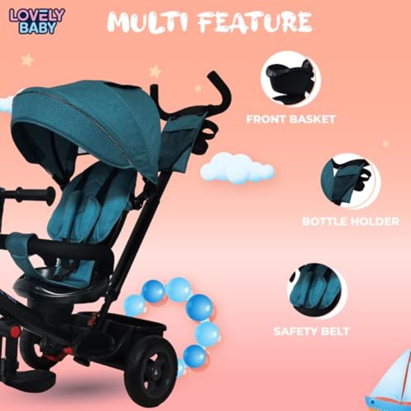 Pedal Tricycle for:Blue PP Plastic Ride-on Trike with 360 Rotating Reclining Seat, Adjustable Handle, Front/Rear Storage, UV Canopy Ideal for Infants 6-36M 100 Assembled - Image 4