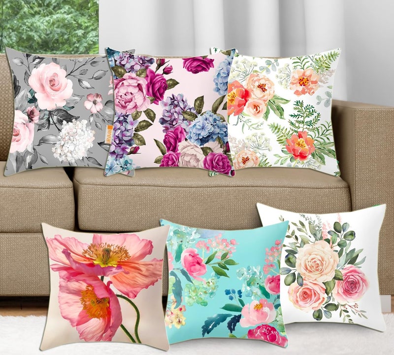 Urvaan Velvet Flower Printed Cushion Cover, 16 x 16 Inch, Set of 6, Multicolour - Image 1